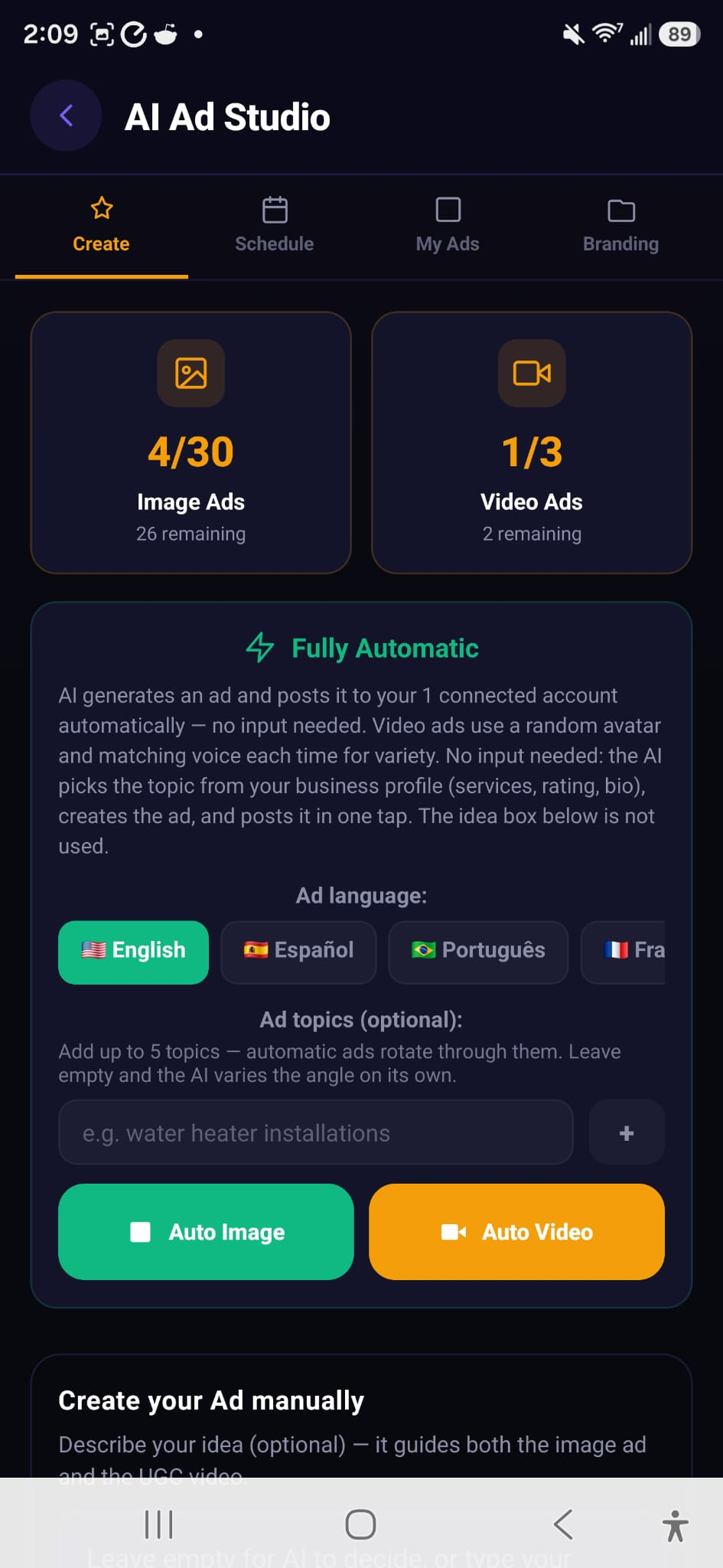 AI Ad Studio — the app creates and posts the pro's ads automatically