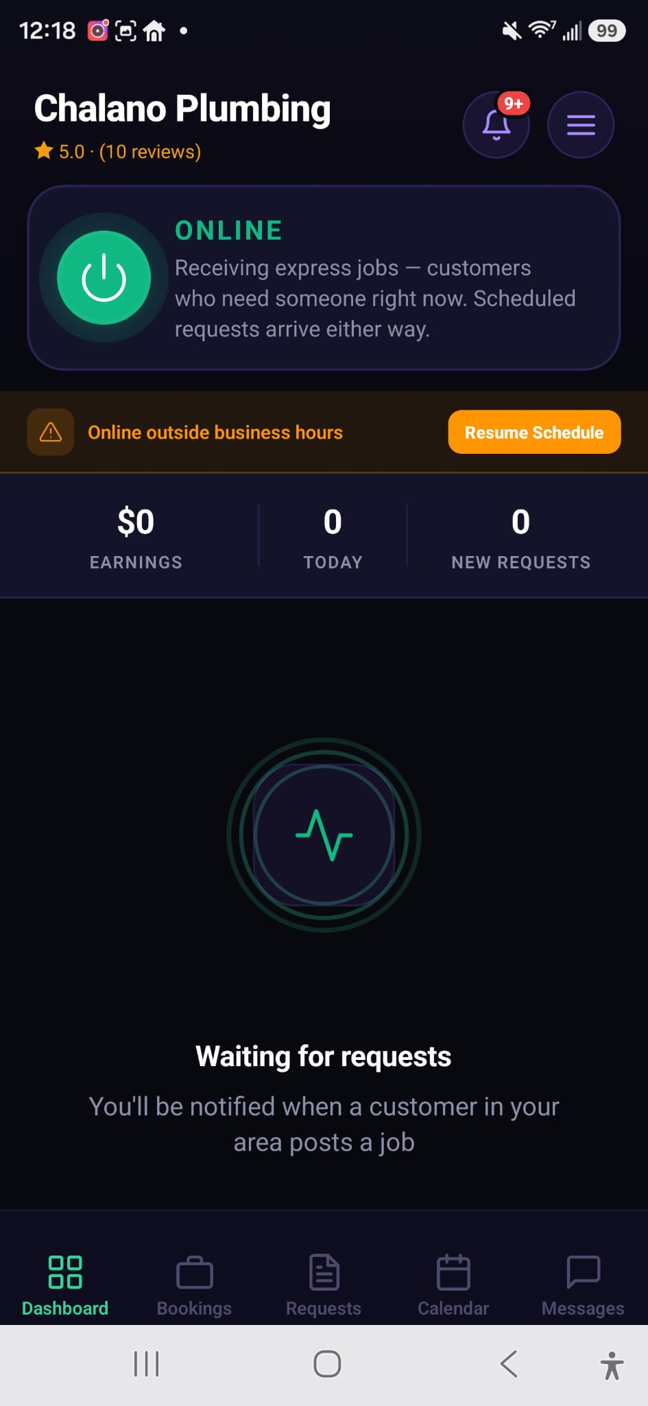 Provider dashboard — go online, express jobs arrive in seconds