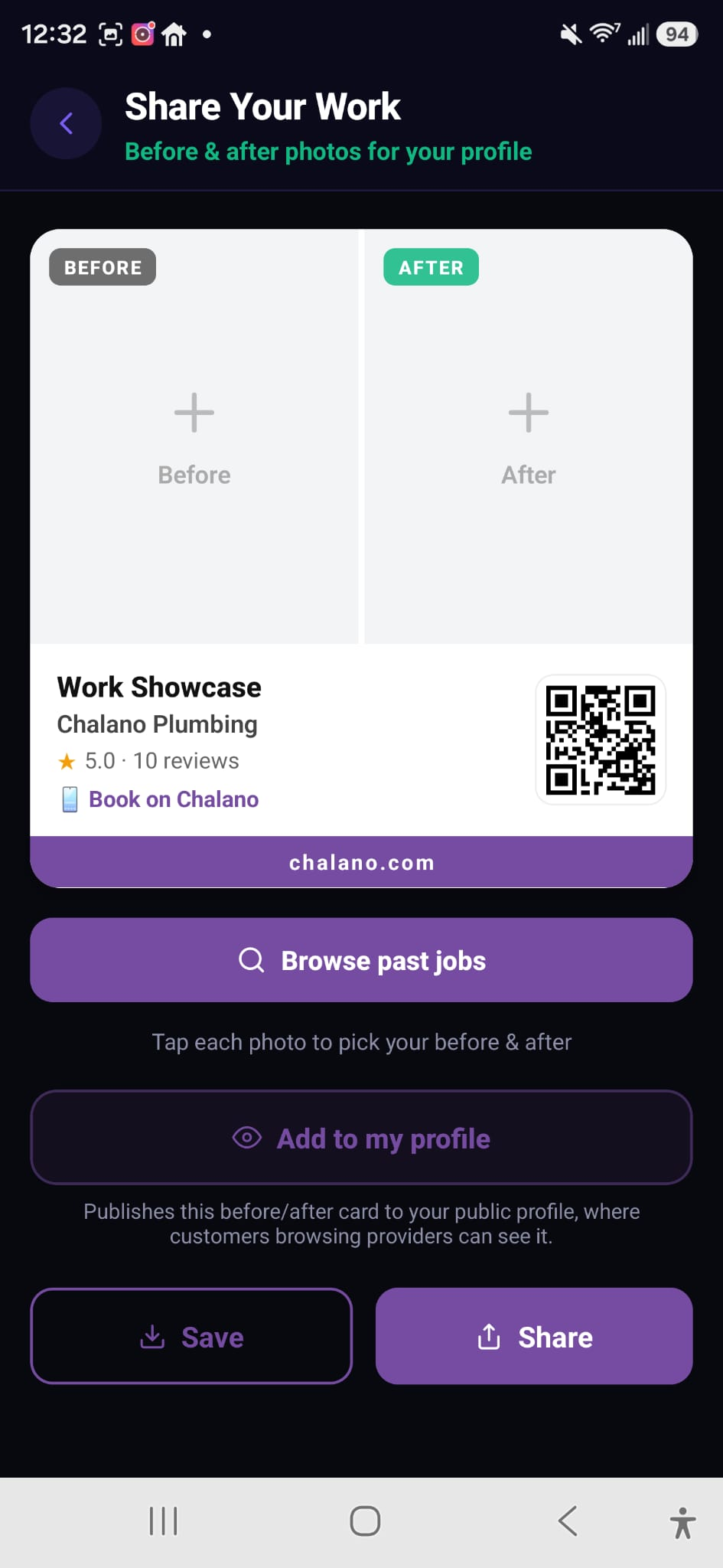Share your work — before/after cards ready for social media
